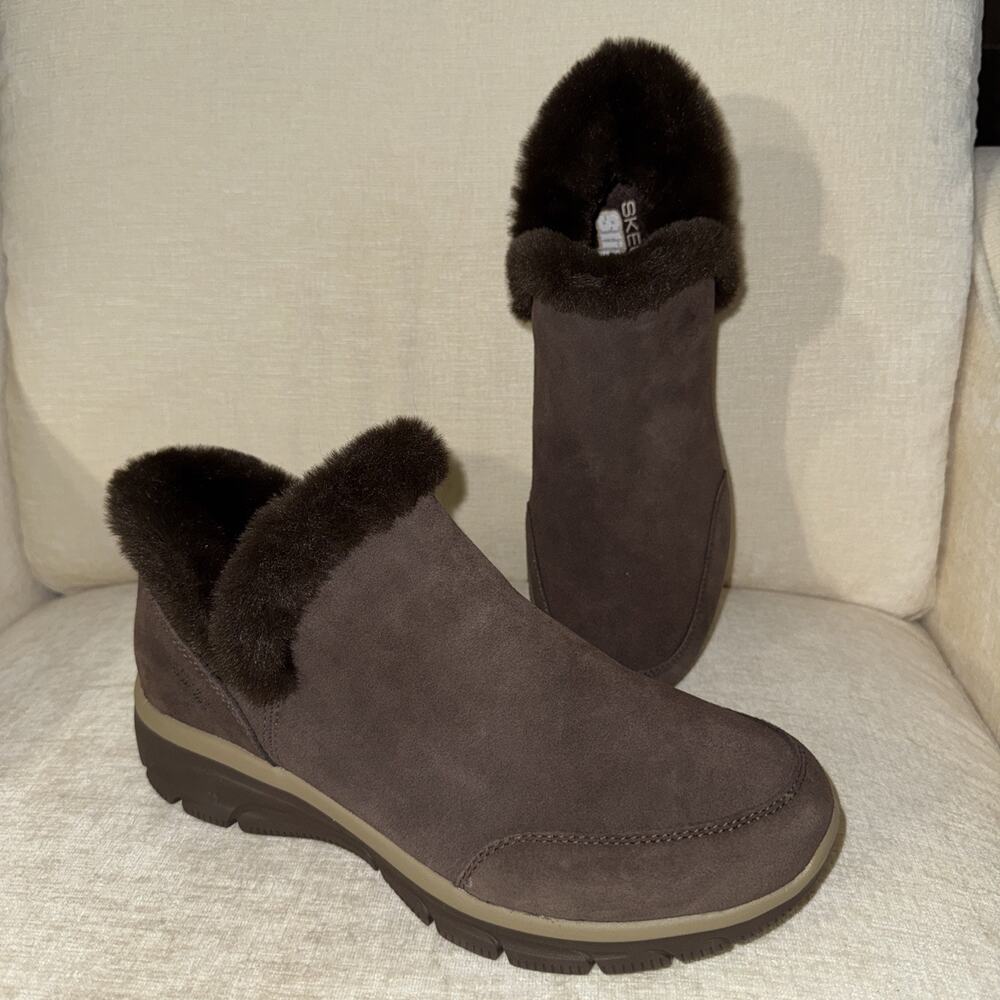 Skechers Slip-ins Boots Women 11 Brown Easy Going Water-Repellent Suede Fur New